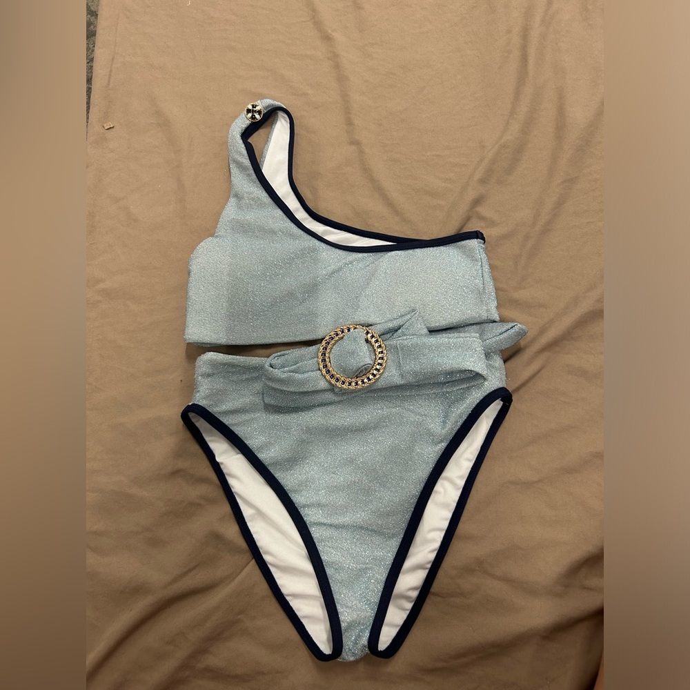 Maiyo x Natalie Off Duty Bikini Set Sparkly Blue and Gold Women’s Size Small